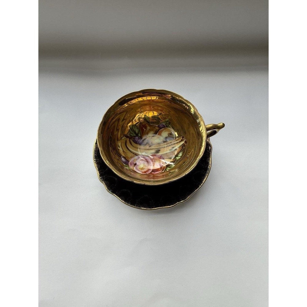 Vtg Black Gold Gilt Fruit Footed Tea Cup Scallop Saucer Japan Royal Sealy China